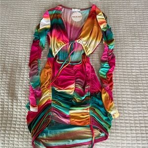 WinWin Multicolor Ruched Long Sleeve Mini Dress | Size M | NWT